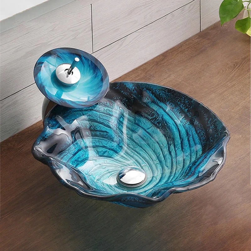 Blue Flower Shape Countertop Vessel Sink Combo Heat Treated Tempered Glass Vanity Bowl Fade Resistant Finish Built Tough To Outlast And Totally Level Up Your Decor