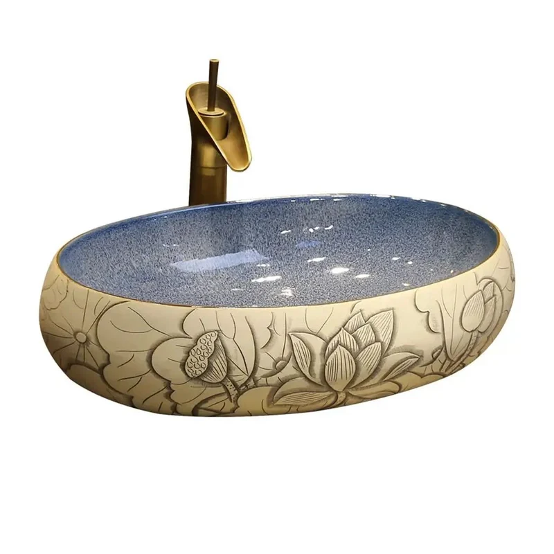 Oval Ceramic Vessel Sink With Faucet Carved Lotus Countertop Basin Smooth Surface Super Easy Cleaning Dime Piece Vanity Washbasin For A Total Bathroom Glow Up