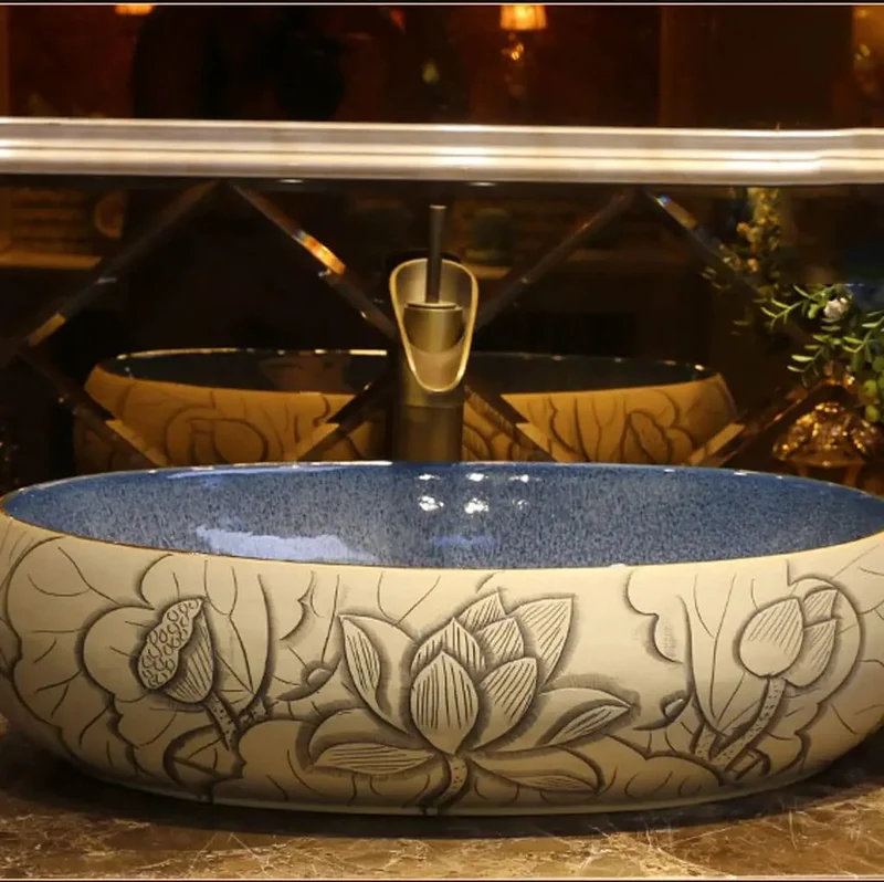Oval Ceramic Vessel Sink With Faucet Carved Lotus Countertop Basin Smooth Surface Super Easy Cleaning Dime Piece Vanity Washbasin For A Total Bathroom Glow Up