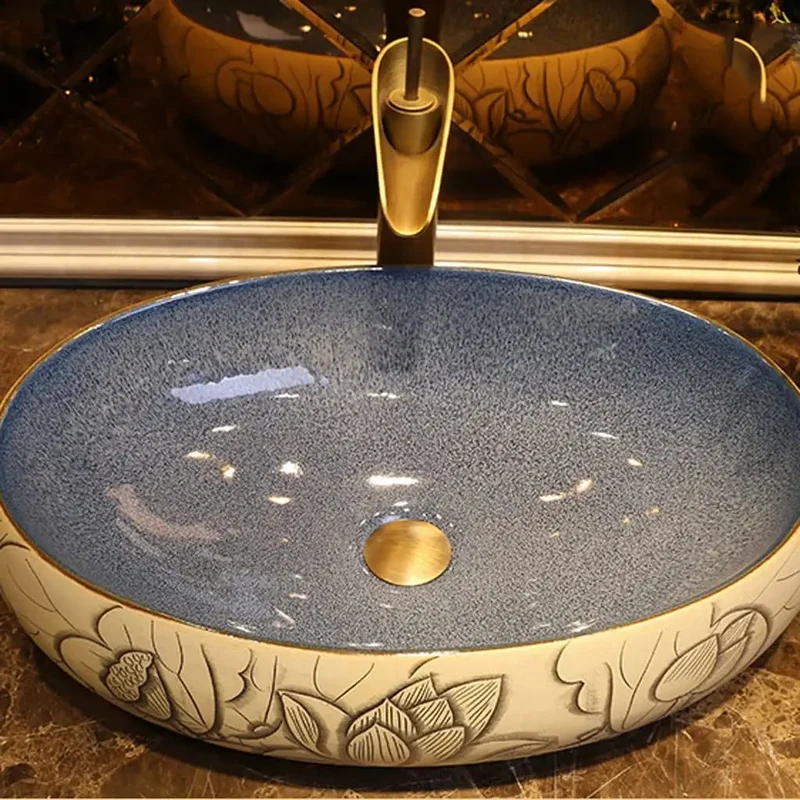 Oval Ceramic Vessel Sink With Faucet Carved Lotus Countertop Basin Smooth Surface Super Easy Cleaning Dime Piece Vanity Washbasin For A Total Bathroom Glow Up