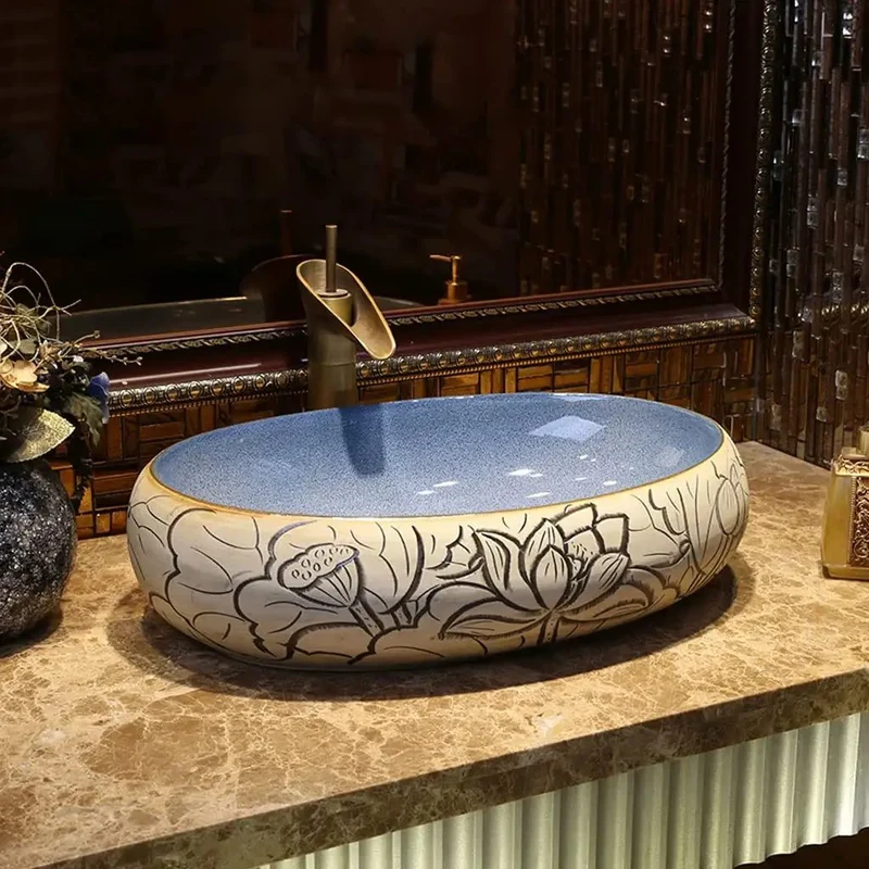 Oval Ceramic Vessel Sink With Faucet Carved Lotus Countertop Basin Smooth Surface Super Easy Cleaning Dime Piece Vanity Washbasin For A Total Bathroom Glow Up