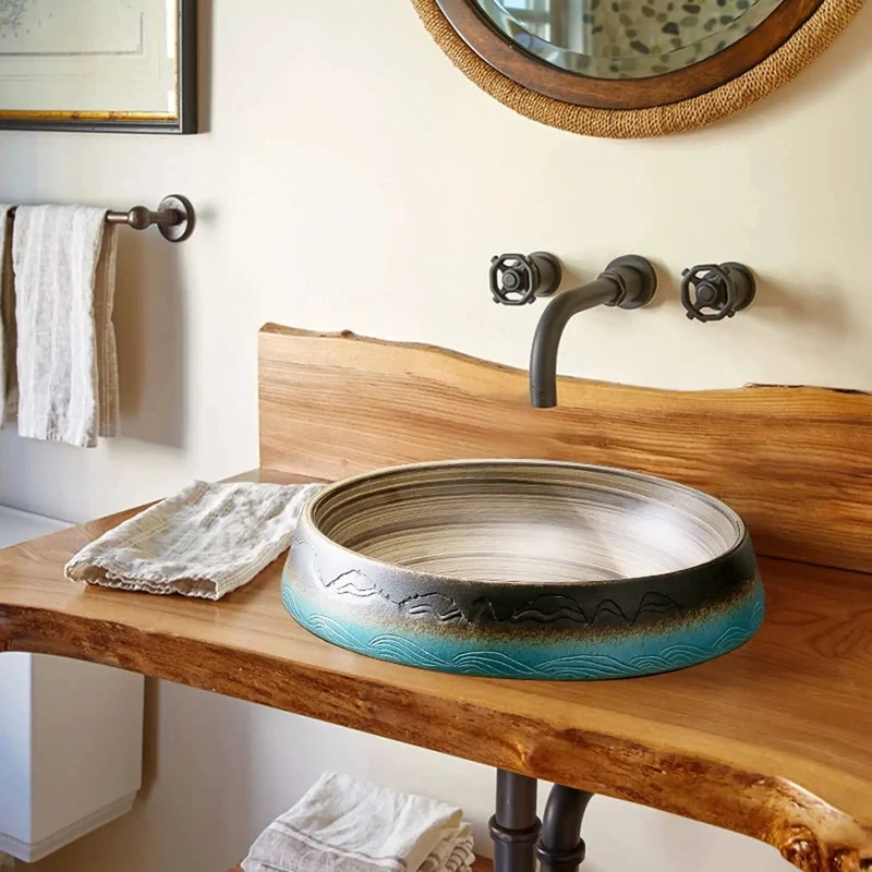 Vintage Ceramic Vessel Sink With Hand Carved Details And Unique Inner Swirl Lines Round Skirted Basin Showstopper Piece With Under Cabinet Option For High End Bathrooms Adding Classy Charm To Your Digs