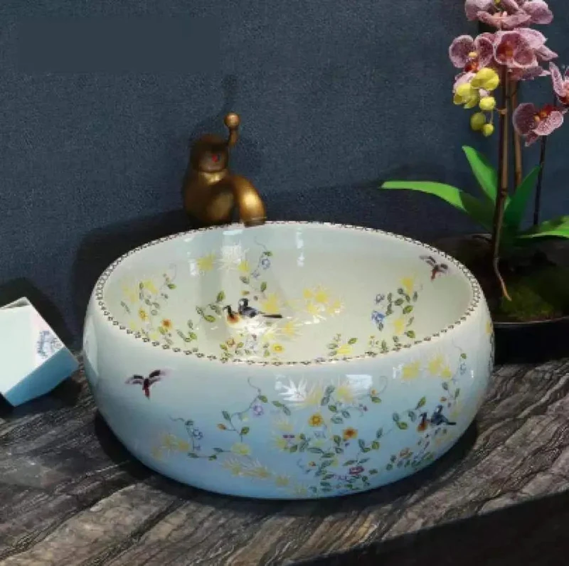 Round Countertop Vessel Sink With A Slick Enamel Coating And Totally Fresh Floral Motif No Sweat One Hole Faucet Setup Hella Smooth Rock Solid Ceramic Wash Basin Upgrade Your Space Today