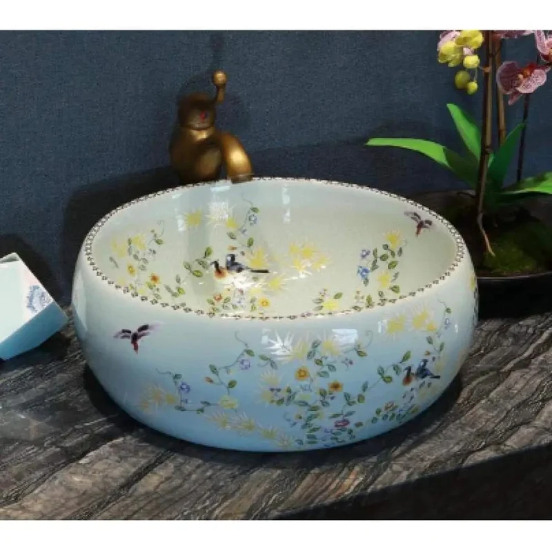 Round Countertop Vessel Sink With A Slick Enamel Coating And Totally Fresh Floral Motif No Sweat One Hole Faucet Setup Hella Smooth Rock Solid Ceramic Wash Basin Upgrade Your Space Today