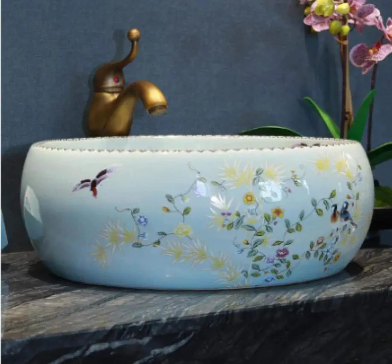 Round Countertop Vessel Sink With A Slick Enamel Coating And Totally Fresh Floral Motif No Sweat One Hole Faucet Setup Hella Smooth Rock Solid Ceramic Wash Basin Upgrade Your Space Today