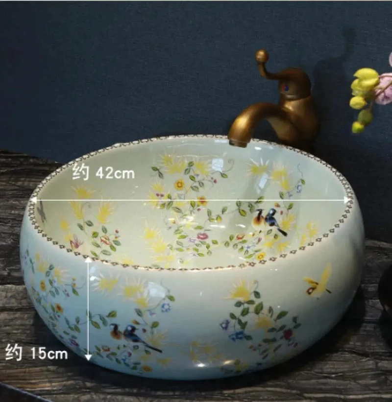 Round Countertop Vessel Sink With A Slick Enamel Coating And Totally Fresh Floral Motif No Sweat One Hole Faucet Setup Hella Smooth Rock Solid Ceramic Wash Basin Upgrade Your Space Today