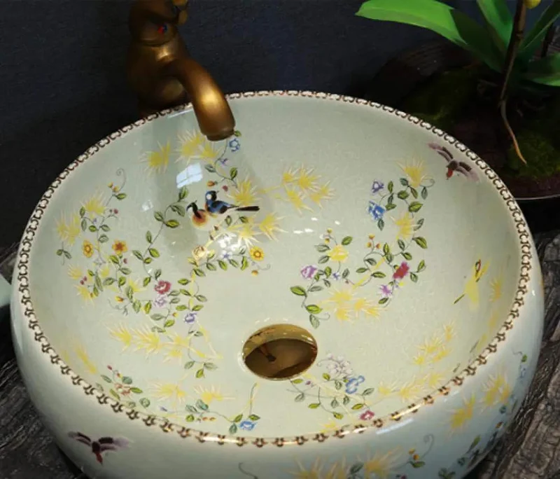 Round Countertop Vessel Sink With A Slick Enamel Coating And Totally Fresh Floral Motif No Sweat One Hole Faucet Setup Hella Smooth Rock Solid Ceramic Wash Basin Upgrade Your Space Today