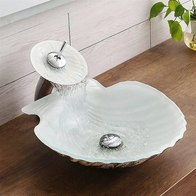 Top Tier Tempered Glass Vessel Sink For Above Counter Bathroom Vanity Setup Scratch Proof Shell Shape Art Basins Quick Wash Non Porous Coating Straight Up Sleek Home Decor Refresh And Upgrade