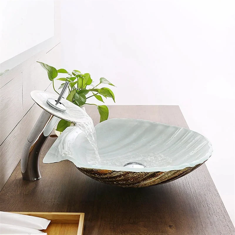 Top Tier Tempered Glass Vessel Sink For Above Counter Bathroom Vanity Setup Scratch Proof Shell Shape Art Basins Quick Wash Non Porous Coating Straight Up Sleek Home Decor Refresh And Upgrade
