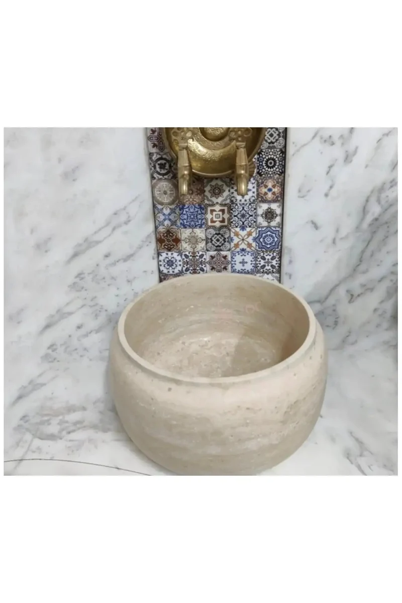 Top Shelf Travertine Marble Hammam Basin With Smooth Oval Profile For Modern Spa Room Setup Beige Natural Stone Vessel Sink That Holds Up Amazing And Brings Laid Back Luxe To Your Home