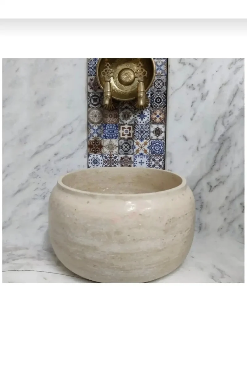 Top Shelf Travertine Marble Hammam Basin With Smooth Oval Profile For Modern Spa Room Setup Beige Natural Stone Vessel Sink That Holds Up Amazing And Brings Laid Back Luxe To Your Home