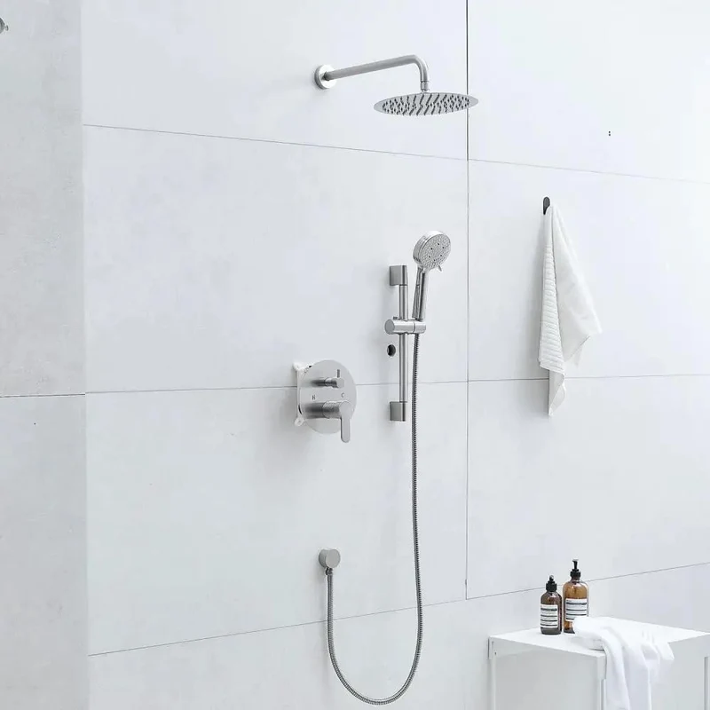 Badass Brushed Nickel Shower Kit With 10 Inch Rainfall Head And Five Spray Handheld Tight Wall Mount Setup Pressure Valve Drip Free Flow Total Bathroom Upgrade Game Changer