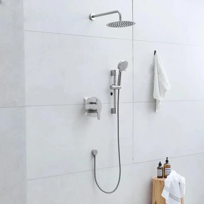 Badass Brushed Nickel Shower Kit With 10 Inch Rainfall Head And Five Spray Handheld Tight Wall Mount Setup Pressure Valve Drip Free Flow Total Bathroom Upgrade Game Changer