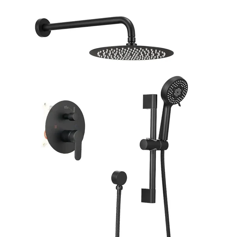 Heavy Duty Matte Black Shower Faucet System Featuring 10 Inch Rainfall Head And Five Spray Handheld For Smooth Water Flow And Hassle Free Bathroom Glow Up Packed With Sturdy Stainless Hose And Wall Mounted Slide Bar