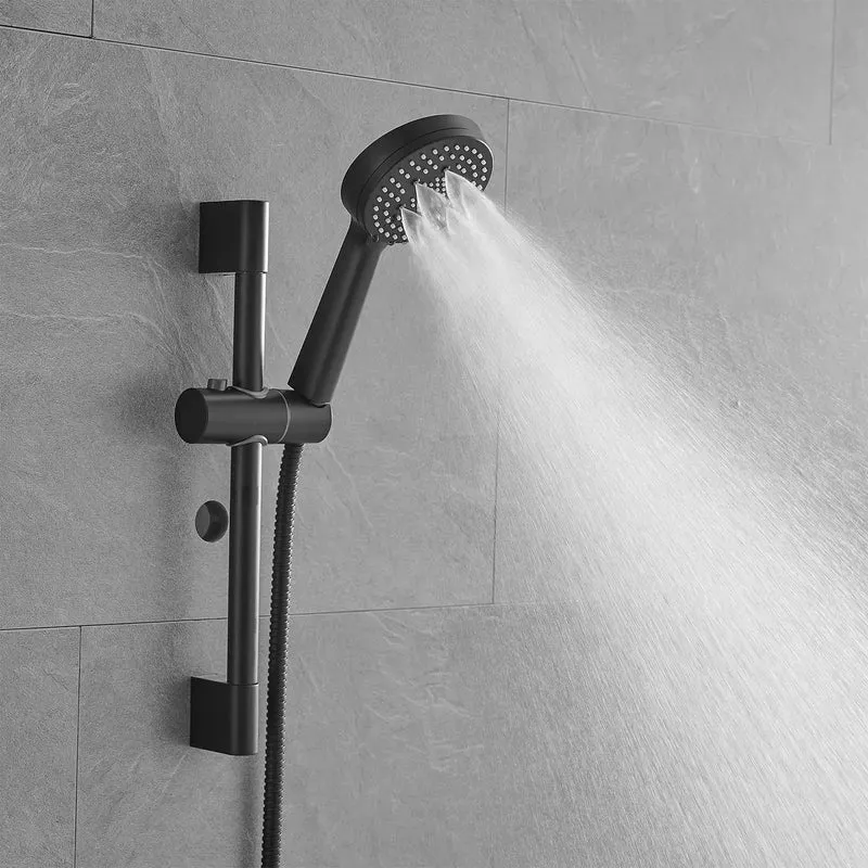 Heavy Duty Matte Black Shower Faucet System Featuring 10 Inch Rainfall Head And Five Spray Handheld For Smooth Water Flow And Hassle Free Bathroom Glow Up Packed With Sturdy Stainless Hose And Wall Mounted Slide Bar