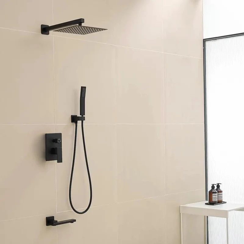 Level Up Your Bathroom Game With This Top Tier Shower Faucet System Featuring Slick Matte Black Trim And A Roomy Ten Inch Rainfall Head Plus Two In One Handheld Sprayer