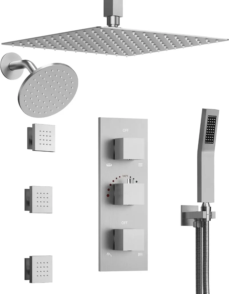 Slick 12 Inch Ceiling Rainfall Shower System With Handheld Sprayer And Three Body Jets In Brushed Nickel Finish Delivering Smooth Eight Function Massage Coverage For A Dope Bathroom Setup