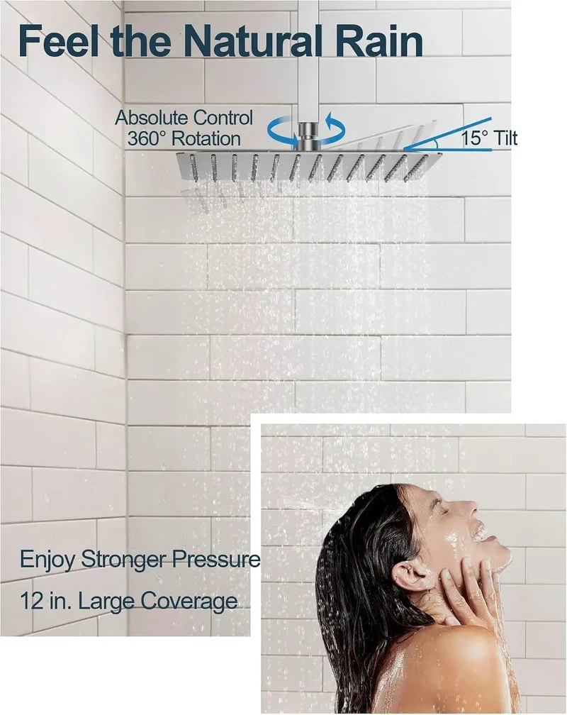 Slick 12 Inch Ceiling Rainfall Shower System With Handheld Sprayer And Three Body Jets In Brushed Nickel Finish Delivering Smooth Eight Function Massage Coverage For A Dope Bathroom Setup
