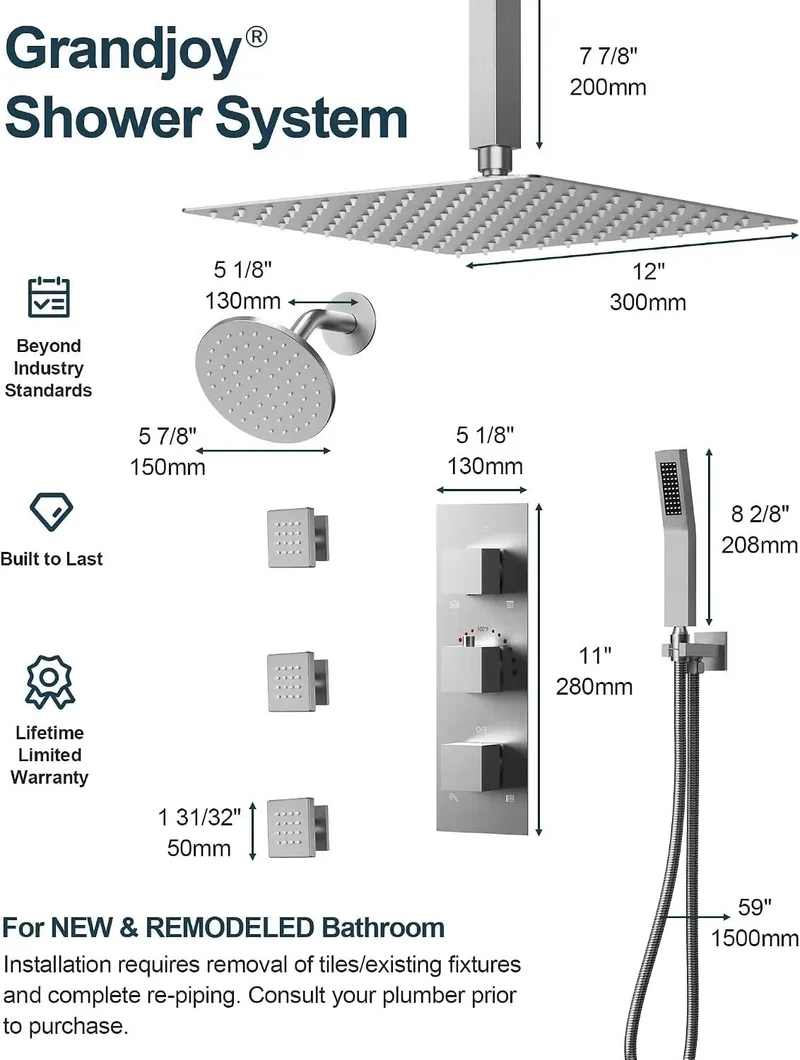 Slick 12 Inch Ceiling Rainfall Shower System With Handheld Sprayer And Three Body Jets In Brushed Nickel Finish Delivering Smooth Eight Function Massage Coverage For A Dope Bathroom Setup