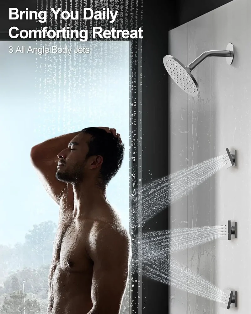 Slick 12 Inch Ceiling Rainfall Shower System With Handheld Sprayer And Three Body Jets In Brushed Nickel Finish Delivering Smooth Eight Function Massage Coverage For A Dope Bathroom Setup