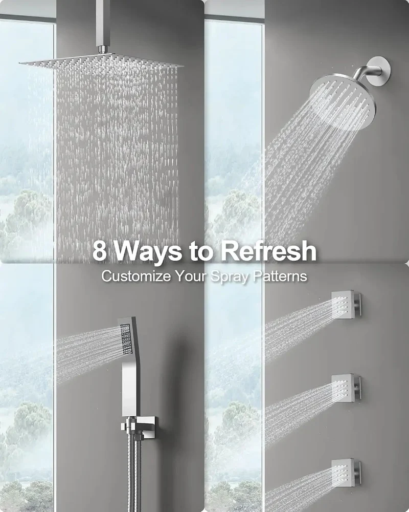 Slick 12 Inch Ceiling Rainfall Shower System With Handheld Sprayer And Three Body Jets In Brushed Nickel Finish Delivering Smooth Eight Function Massage Coverage For A Dope Bathroom Setup