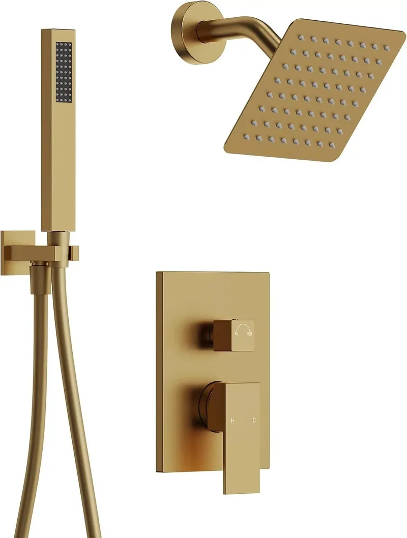 Durable Top Tier Wall Mounted Shower Assembly With Removable Handheld Spray Wand And Advanced Pressure Balance Valve For Rock Solid Zero Drama Temp Control In Brushed Gold Bathroom Finishes