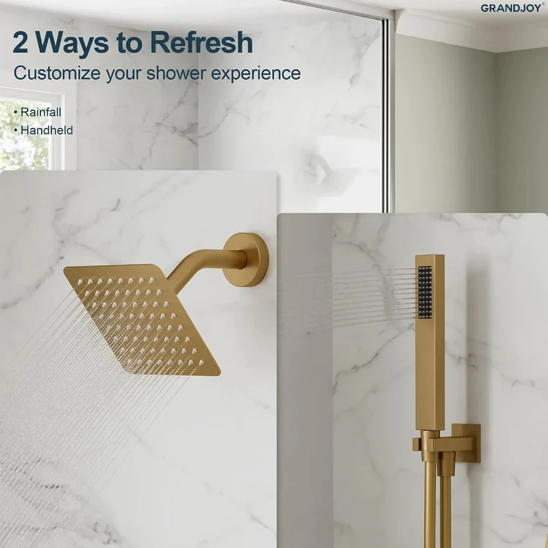 Durable Top Tier Wall Mounted Shower Assembly With Removable Handheld Spray Wand And Advanced Pressure Balance Valve For Rock Solid Zero Drama Temp Control In Brushed Gold Bathroom Finishes