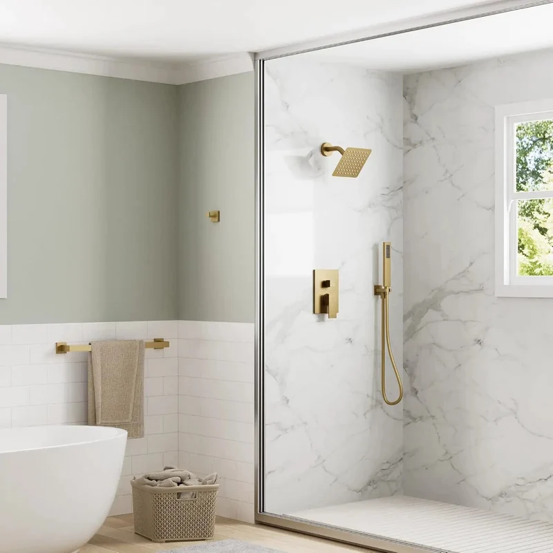 Durable Top Tier Wall Mounted Shower Assembly With Removable Handheld Spray Wand And Advanced Pressure Balance Valve For Rock Solid Zero Drama Temp Control In Brushed Gold Bathroom Finishes