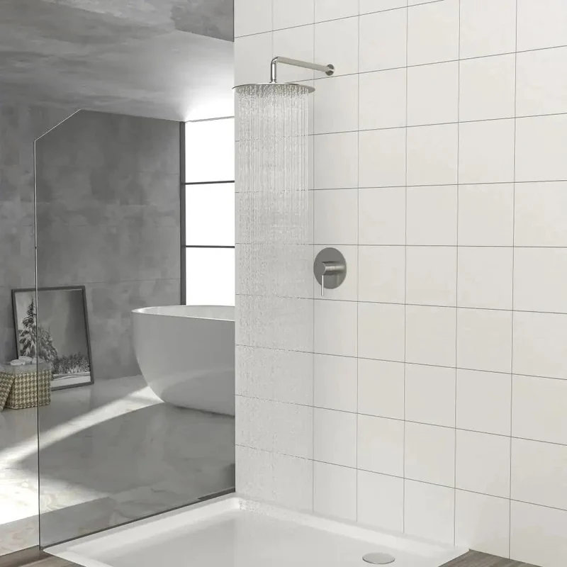 Heavy Duty Shower Faucet Set With Rock Solid 10 Inch Rainfall Head And Pressure Balanced Valve In Top Shelf Brushed Nickel Finish For Steady Flow And No More Temp Flips