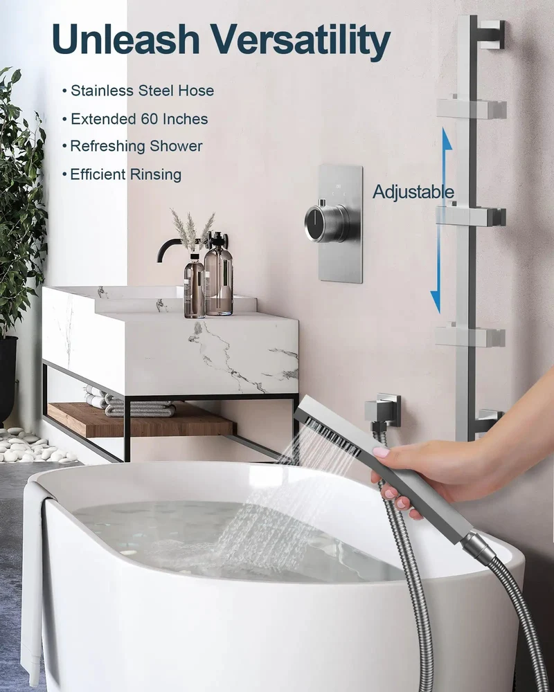 Top Tier Slick Finish Rock Solid Rain Shower System With Dope Handheld Sprayer And Quick Grab Slide Bar In Crisp Brushed Nickel Featuring Heavy Duty Pressure Balance Valve For Zero Temp Spikes Bathroom Upgrade