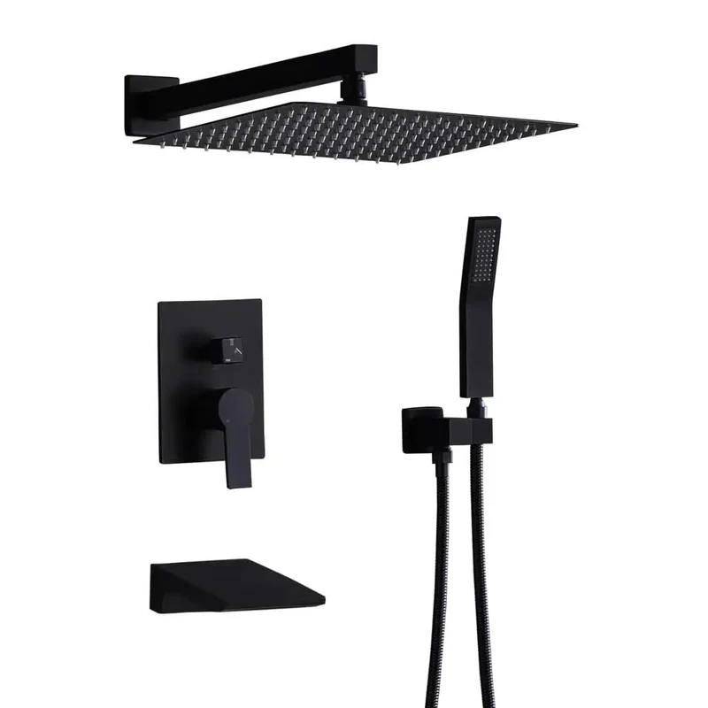 Heavy Hitter Matte Black Shower Kit With A Boss 12 Inch Rainfall Head Slick Handheld Sprayer And Solid Tub Spout For No Sweat Setup And Fresh Bathroom Glow