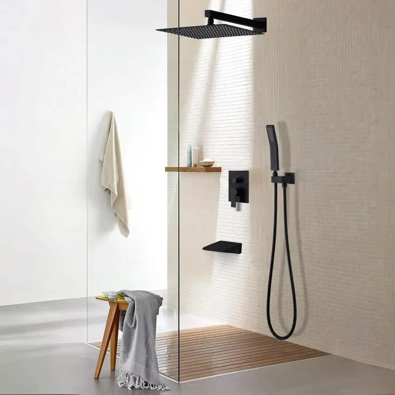 Heavy Hitter Matte Black Shower Kit With A Boss 12 Inch Rainfall Head Slick Handheld Sprayer And Solid Tub Spout For No Sweat Setup And Fresh Bathroom Glow