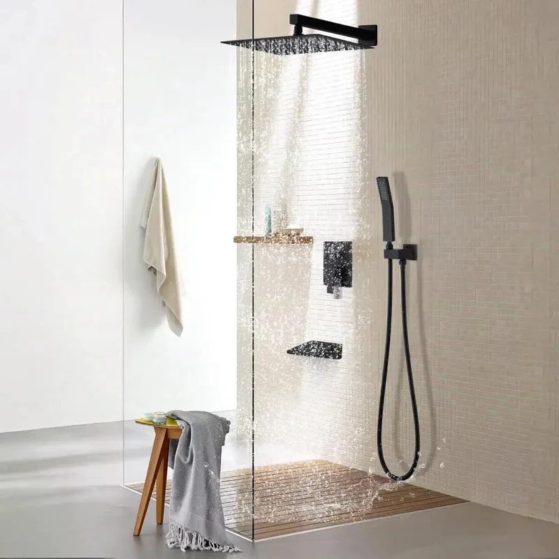 Heavy Hitter Matte Black Shower Kit With A Boss 12 Inch Rainfall Head Slick Handheld Sprayer And Solid Tub Spout For No Sweat Setup And Fresh Bathroom Glow