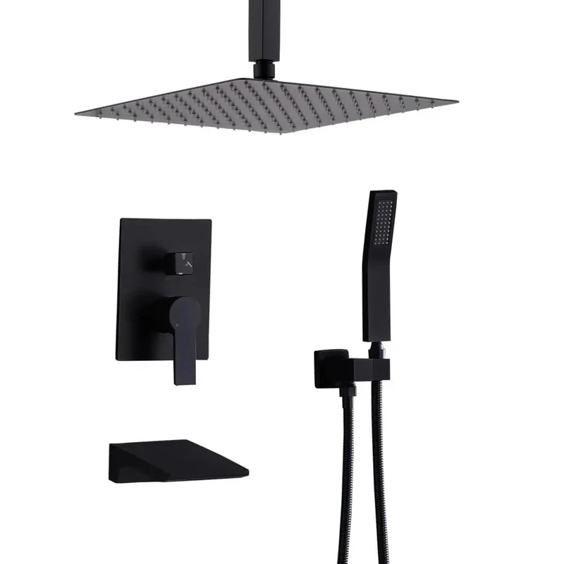 Shower Faucet Set Features 12 Inch Ultra-Thin Rainfall Head And Handheld Sprayer In Sleek Matte Black, Modern Bathroom Fixture With Sturdy Valve, 360 Degree Rotation, And Consistent Flow For A Top-Shelf Routine Every Day
