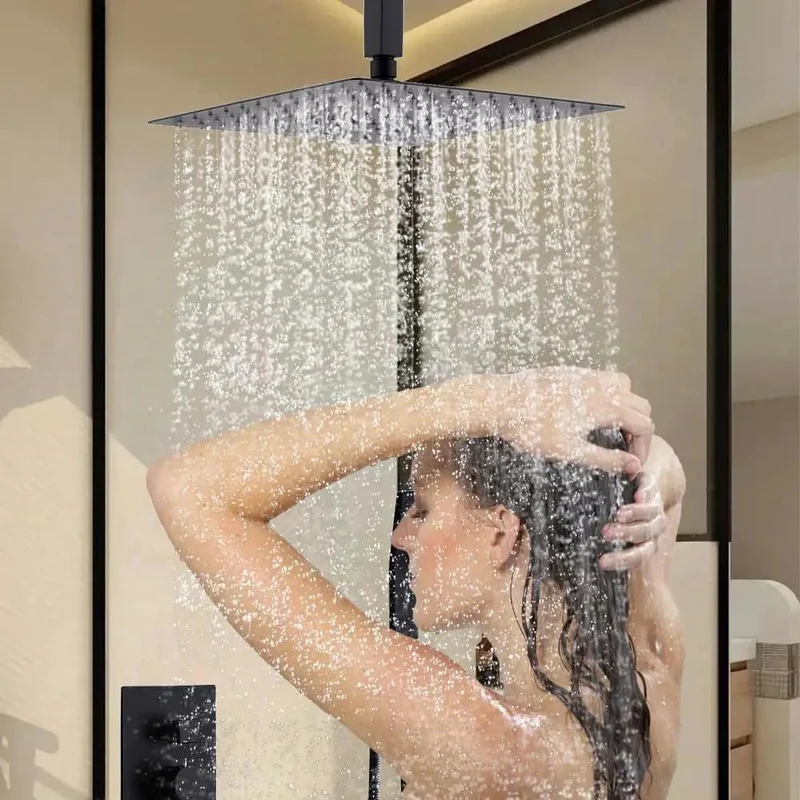 Shower Faucet Set Features 12 Inch Ultra-Thin Rainfall Head And Handheld Sprayer In Sleek Matte Black, Modern Bathroom Fixture With Sturdy Valve, 360 Degree Rotation, And Consistent Flow For A Top-Shelf Routine Every Day