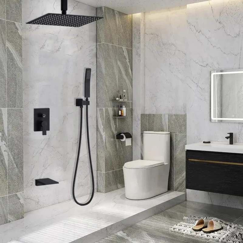 Shower Faucet Set Features 12 Inch Ultra-Thin Rainfall Head And Handheld Sprayer In Sleek Matte Black, Modern Bathroom Fixture With Sturdy Valve, 360 Degree Rotation, And Consistent Flow For A Top-Shelf Routine Every Day
