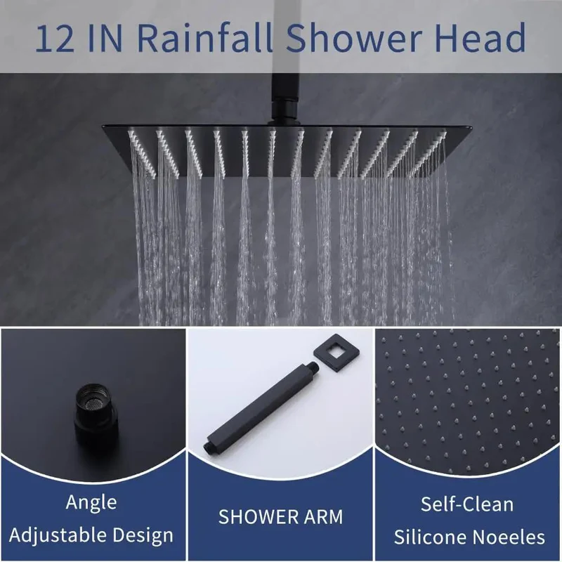 Shower Faucet Set Features 12 Inch Ultra-Thin Rainfall Head And Handheld Sprayer In Sleek Matte Black, Modern Bathroom Fixture With Sturdy Valve, 360 Degree Rotation, And Consistent Flow For A Top-Shelf Routine Every Day