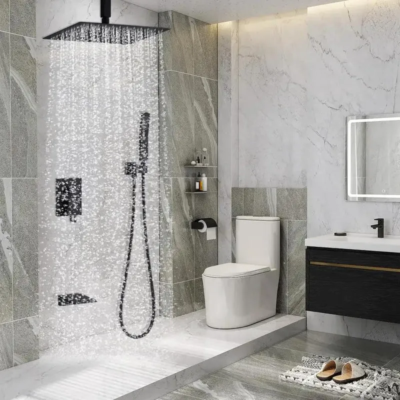 Shower Faucet Set Features 12 Inch Ultra-Thin Rainfall Head And Handheld Sprayer In Sleek Matte Black, Modern Bathroom Fixture With Sturdy Valve, 360 Degree Rotation, And Consistent Flow For A Top-Shelf Routine Every Day