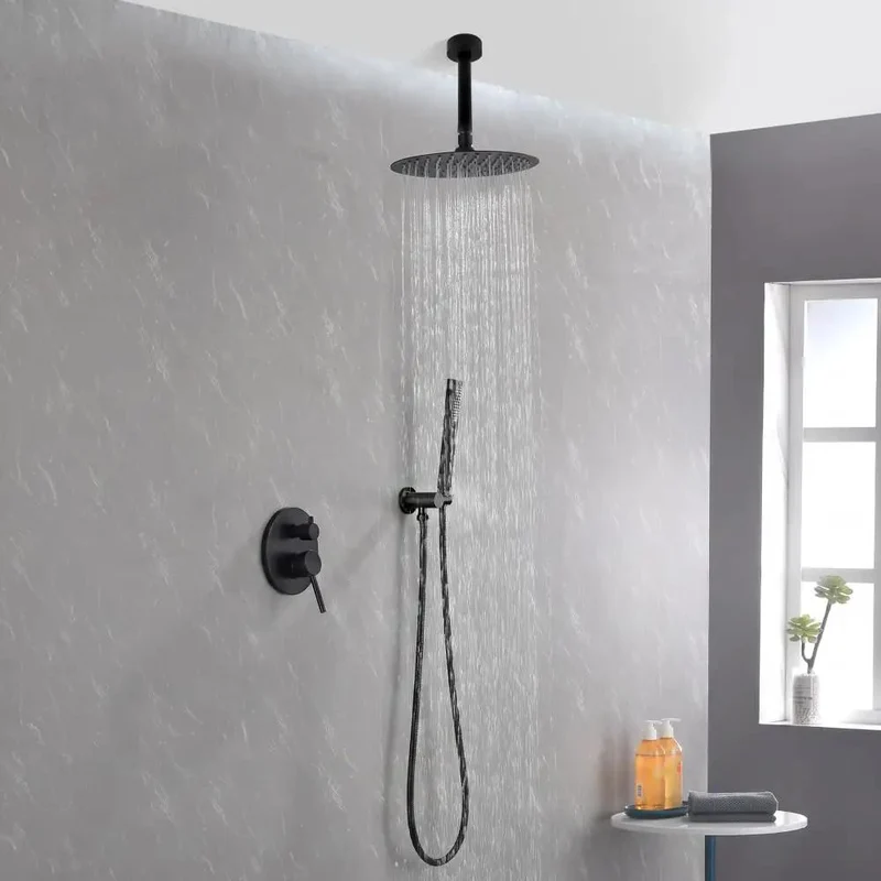 Flex Matte Black Shower System With 10 Inch Ceiling Mount Rain Head And Handheld Wand Offers Top Shelf Performance For A Clean Bathroom Vibe With 360 Rotation