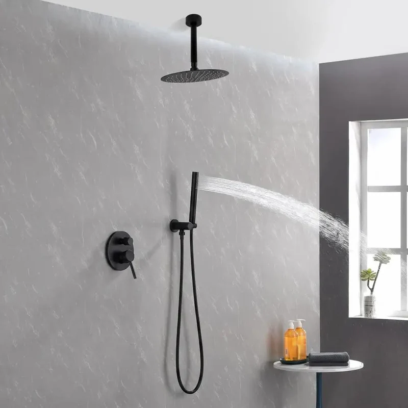 Flex Matte Black Shower System With 10 Inch Ceiling Mount Rain Head And Handheld Wand Offers Top Shelf Performance For A Clean Bathroom Vibe With 360 Rotation