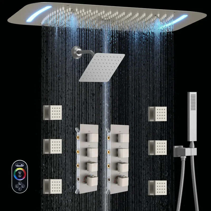 Slick Brushed Nickel Dual Rain Shower System For Bathroom Featuring Three Piece Led Ceiling Head And Eight Inch Side Spray With Square Thermostatic Valve And Brass Handheld Nozzle Making Your Daily Wash Feel Like Badass Spa Retreat