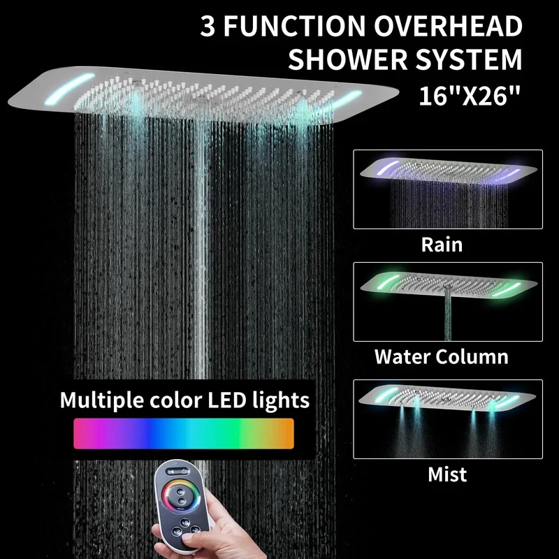 Slick Brushed Nickel Dual Rain Shower System For Bathroom Featuring Three Piece Led Ceiling Head And Eight Inch Side Spray With Square Thermostatic Valve And Brass Handheld Nozzle Making Your Daily Wash Feel Like Badass Spa Retreat