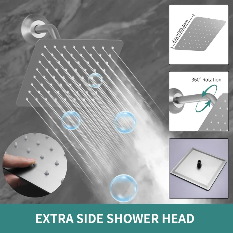 Slick Brushed Nickel Dual Rain Shower System For Bathroom Featuring Three Piece Led Ceiling Head And Eight Inch Side Spray With Square Thermostatic Valve And Brass Handheld Nozzle Making Your Daily Wash Feel Like Badass Spa Retreat