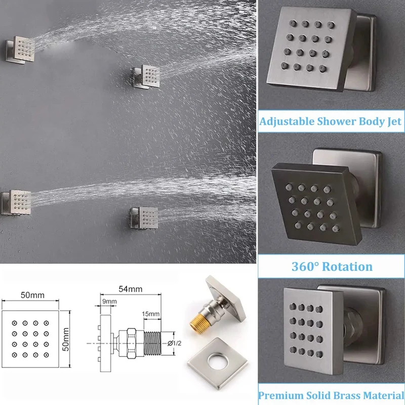 Slick Brushed Nickel Dual Rain Shower System For Bathroom Featuring Three Piece Led Ceiling Head And Eight Inch Side Spray With Square Thermostatic Valve And Brass Handheld Nozzle Making Your Daily Wash Feel Like Badass Spa Retreat