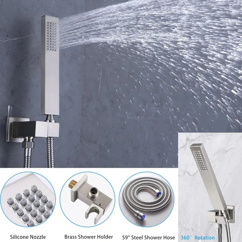 Slick Brushed Nickel Dual Rain Shower System For Bathroom Featuring Three Piece Led Ceiling Head And Eight Inch Side Spray With Square Thermostatic Valve And Brass Handheld Nozzle Making Your Daily Wash Feel Like Badass Spa Retreat