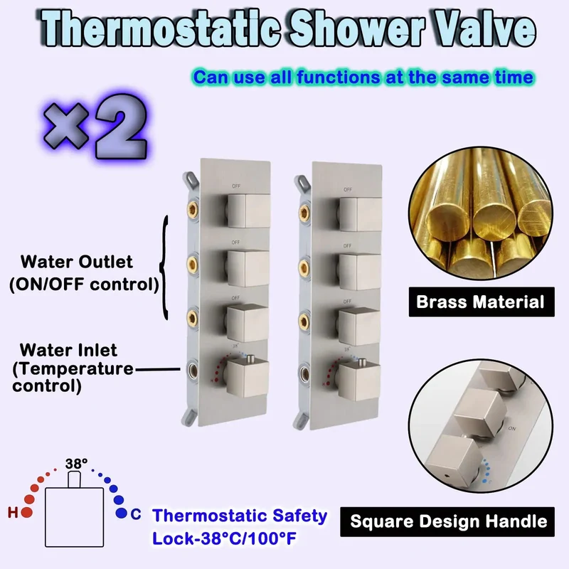 Slick Brushed Nickel Dual Rain Shower System For Bathroom Featuring Three Piece Led Ceiling Head And Eight Inch Side Spray With Square Thermostatic Valve And Brass Handheld Nozzle Making Your Daily Wash Feel Like Badass Spa Retreat