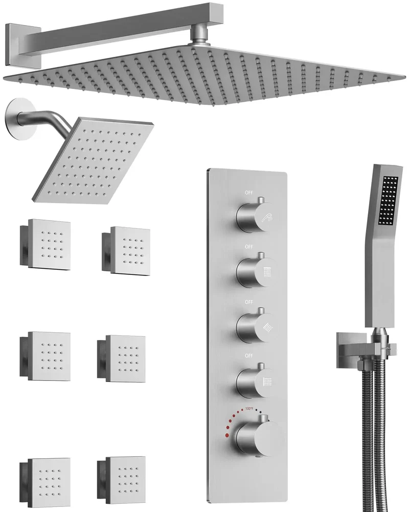 Badass 16 Inch Rainfall Shower System With Handheld Sprayer And Six Body Massagers Brushed Nickel Finish Independent Rotary Controls Quick Snap Install Slick Flow For Daily Chill Time
