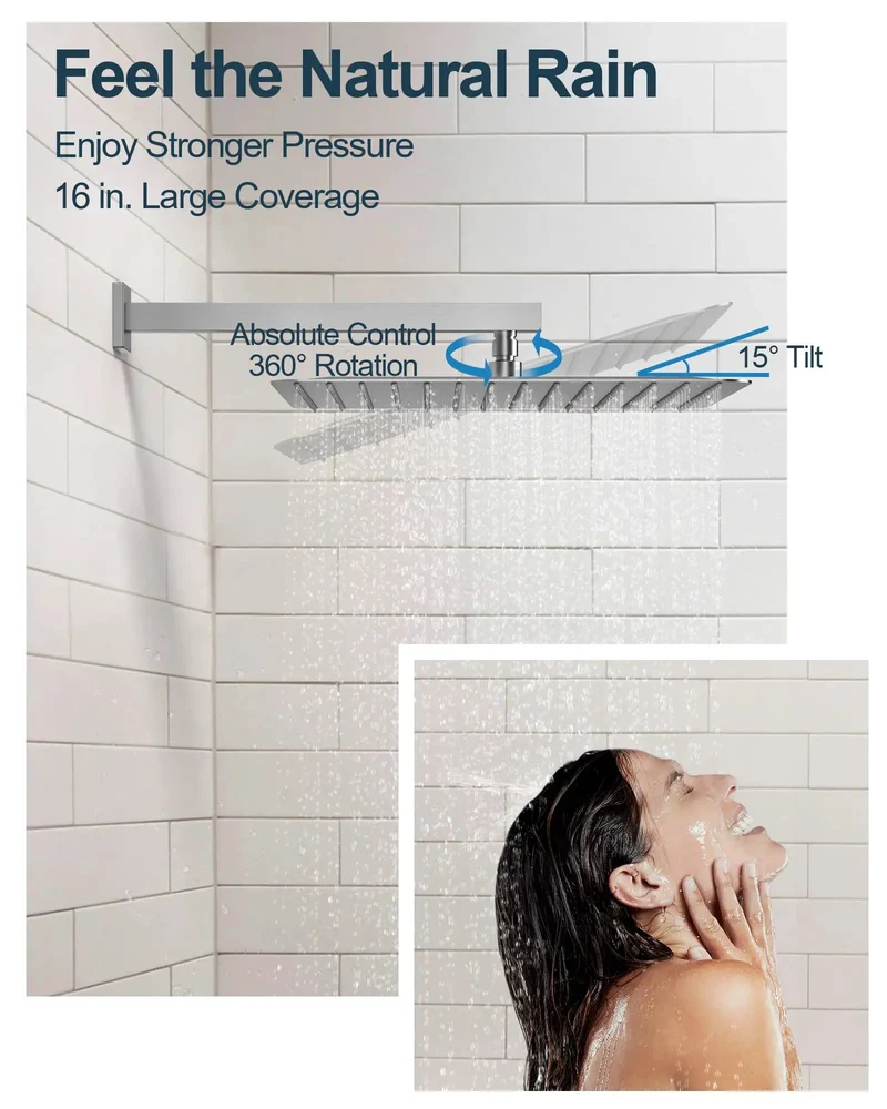 Badass 16 Inch Rainfall Shower System With Handheld Sprayer And Six Body Massagers Brushed Nickel Finish Independent Rotary Controls Quick Snap Install Slick Flow For Daily Chill Time
