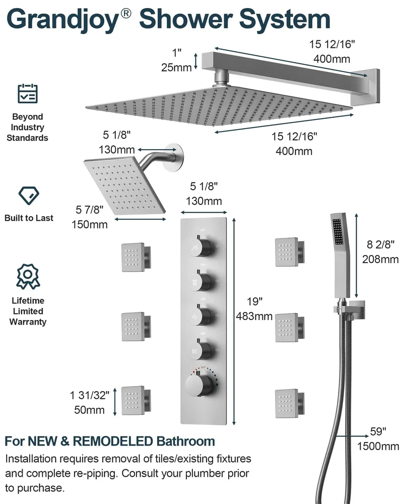 Badass 16 Inch Rainfall Shower System With Handheld Sprayer And Six Body Massagers Brushed Nickel Finish Independent Rotary Controls Quick Snap Install Slick Flow For Daily Chill Time