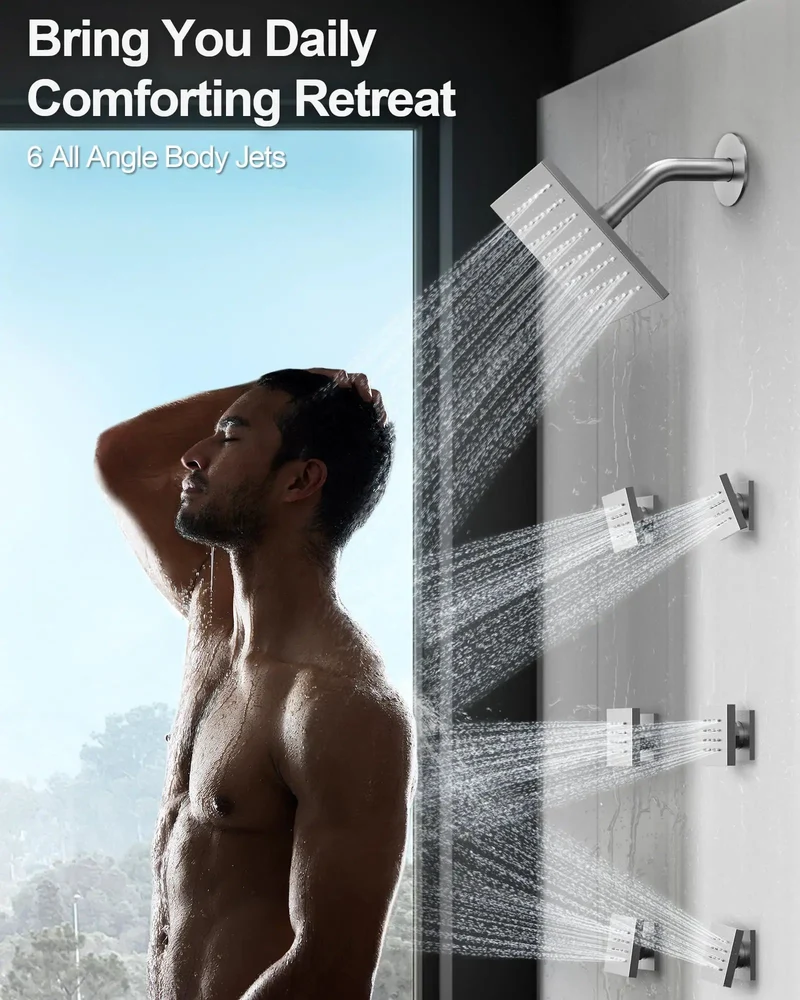 Badass 16 Inch Rainfall Shower System With Handheld Sprayer And Six Body Massagers Brushed Nickel Finish Independent Rotary Controls Quick Snap Install Slick Flow For Daily Chill Time